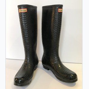 UNIQUE BLACK CROCODILE EMBOSSED HUNTER RAIN BOOTS